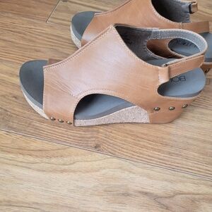 Tan Cork Wedge Sandals - Women's Open-Toe Slingback Size 8
